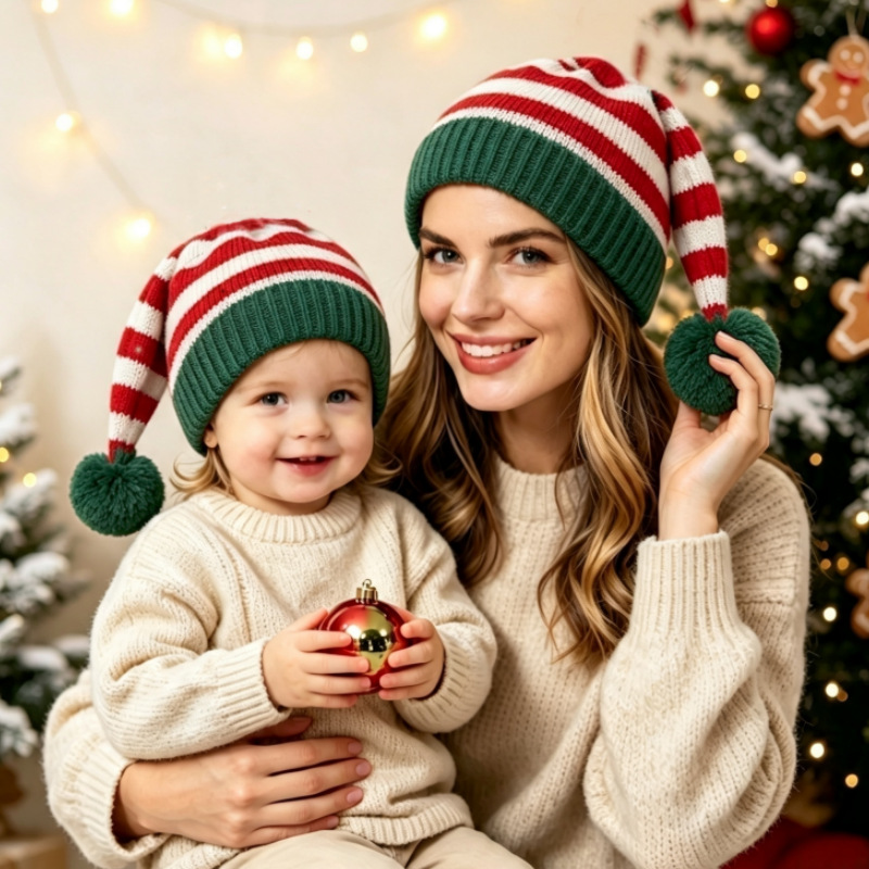 Elf Costume Christmas - Sevimli Ponponlu Örme Noel Şapkası Noel